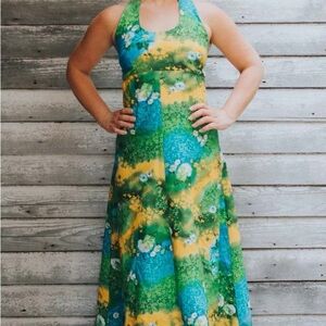 Vintage blue/green/yellow floral halter maxi dress, size XS/S